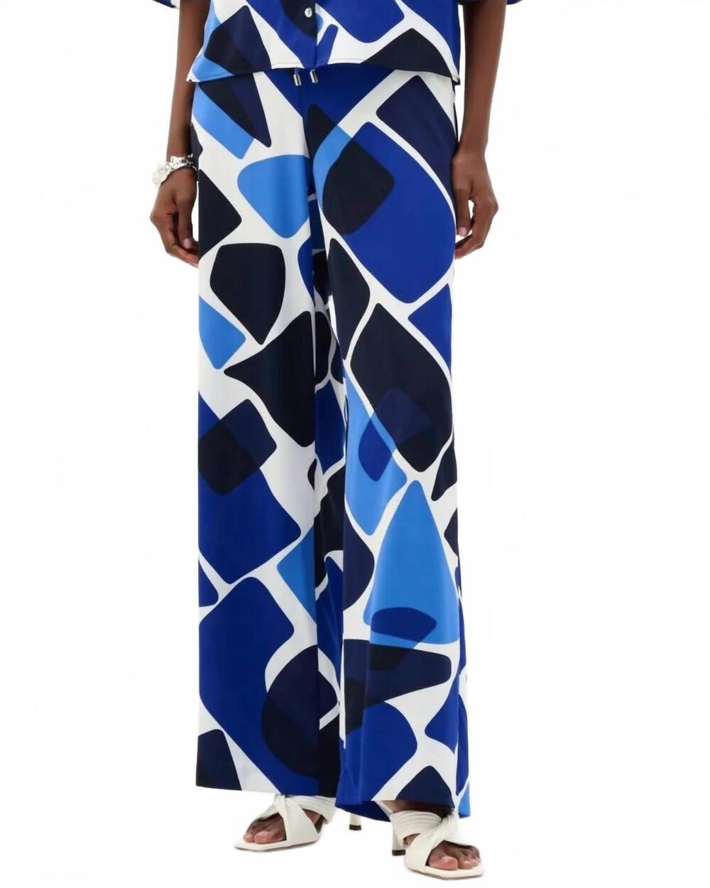 NEW JOSEPH RIBKOFF recycled woven geometric print wide leg pull-on pants in blue